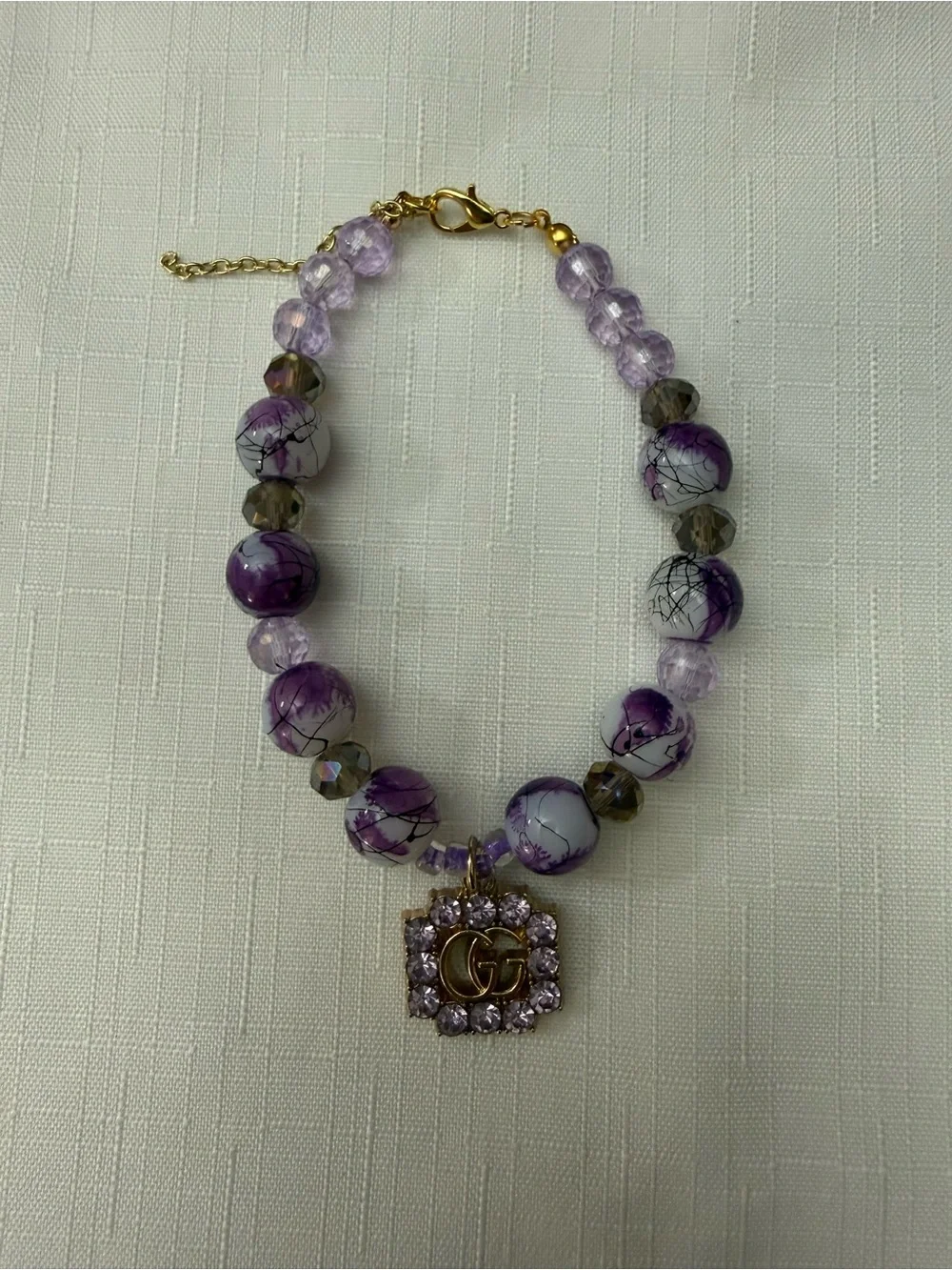 Pet Necklace - Purple and White Beaded Necklace with Crystal Pendant
